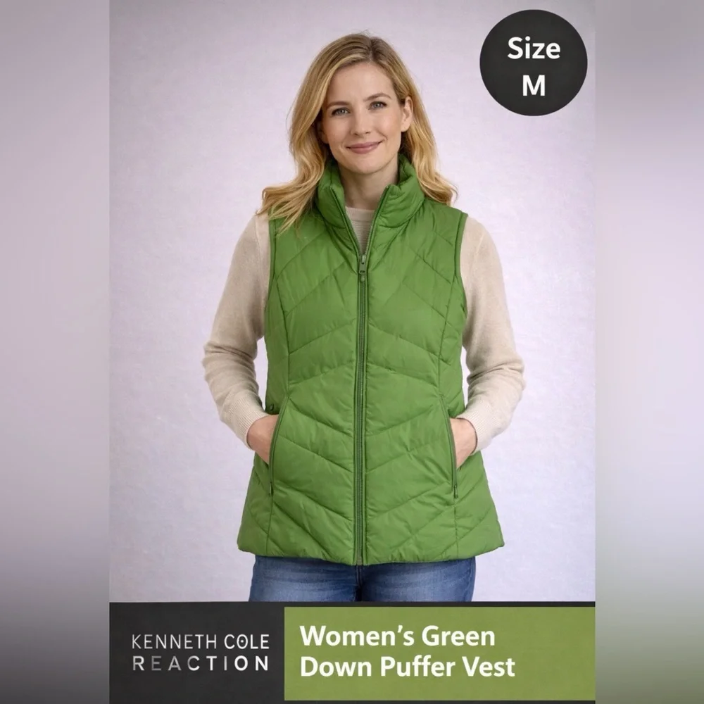 Kenneth Cole Reaction Women’s size M Green Down Puffer Vest(A485) - Picture 2 of 8